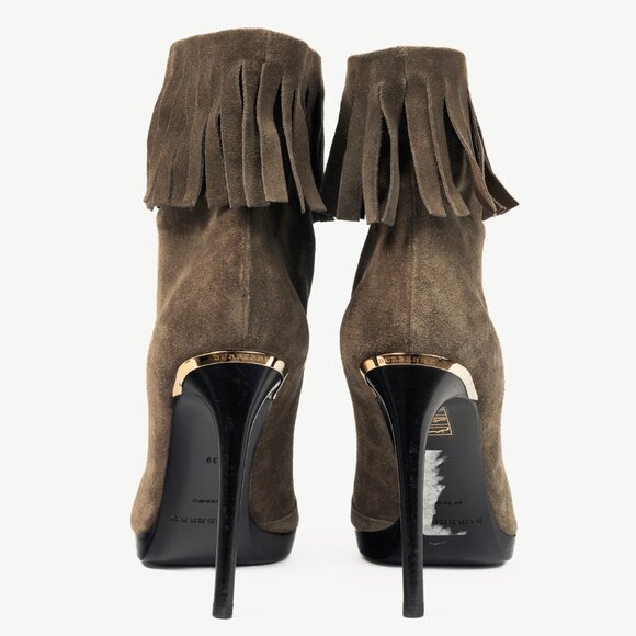 Burberry Pelling Khaki Suede Fringe Peep-Toe Booties - Picture 3 of 10